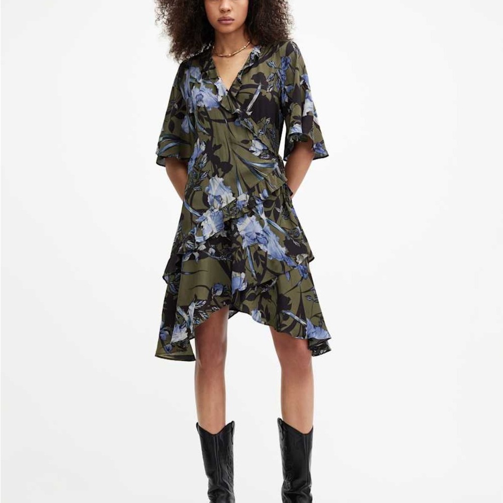 All Saints Asymmetrical Floral Dress in Green, Black and Blue